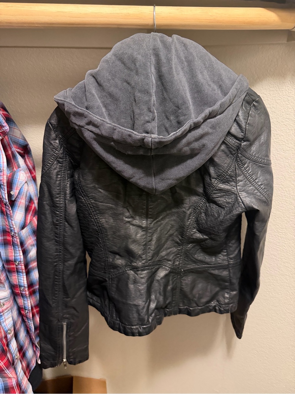 Free People Black Faux Leather Jacket with Gray Hood - Picture 6 of 10